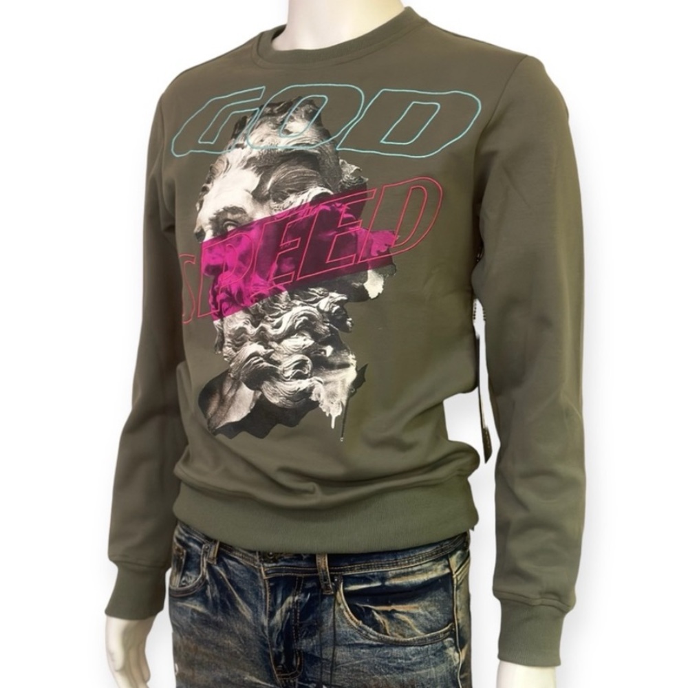 NWT UniSex ‘God Speed’ Olive Graphic Sweater by Motive Denim - Size M